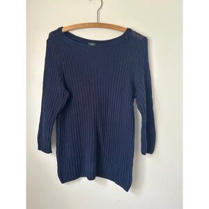 Talbots Women's Navy Blue Knit Sweater Size M Boat Neck Nautical Coastal